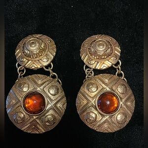 Gorgeous Goldtone Ornate Oversized Vintage Dangling Earrings Amber Glass Accent